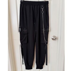 MEINVQIAOTI Black Techwear Cargo Joggers with Chain and Buckles Size M